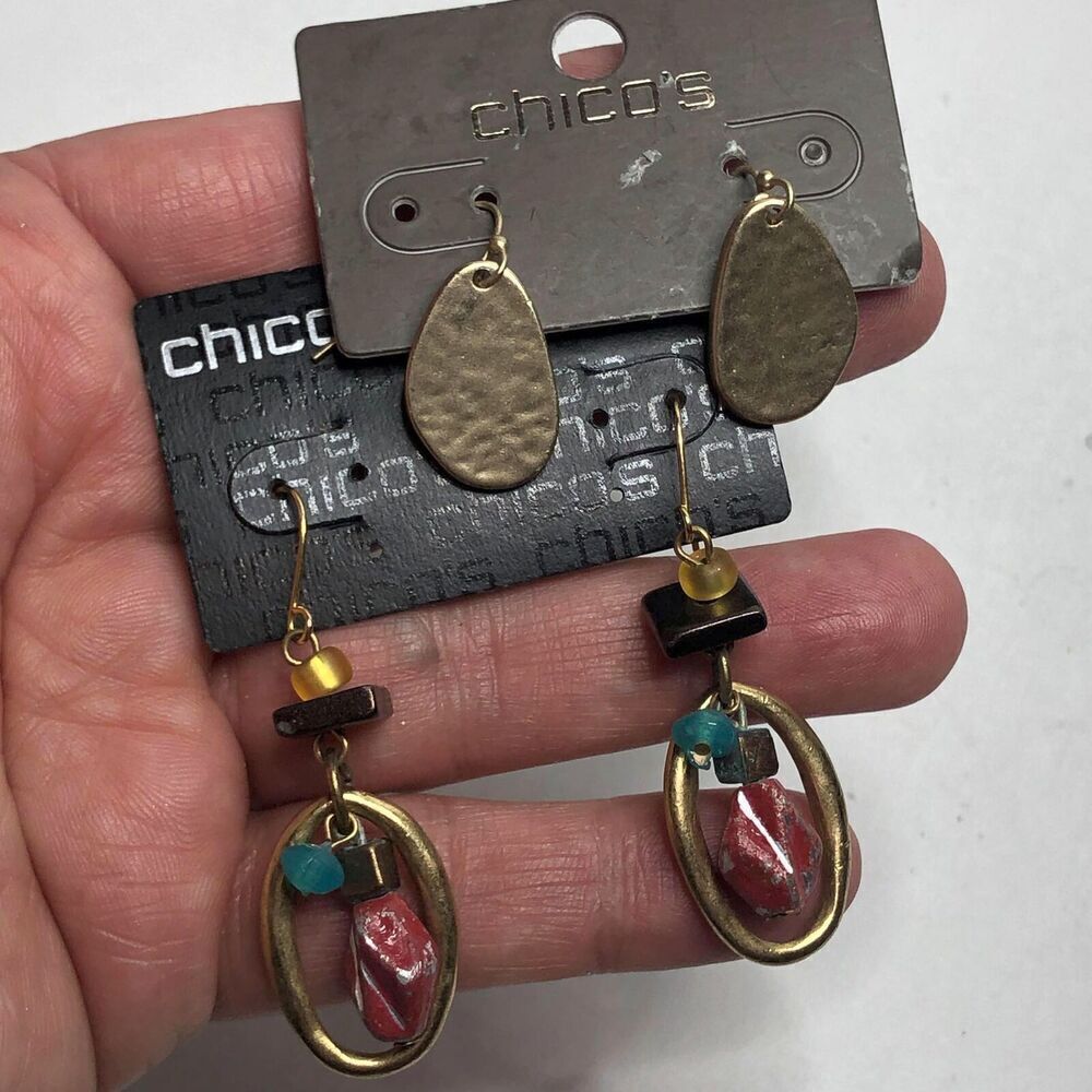 1582 Chico's lot of 2 gold tone drop earrings hammered